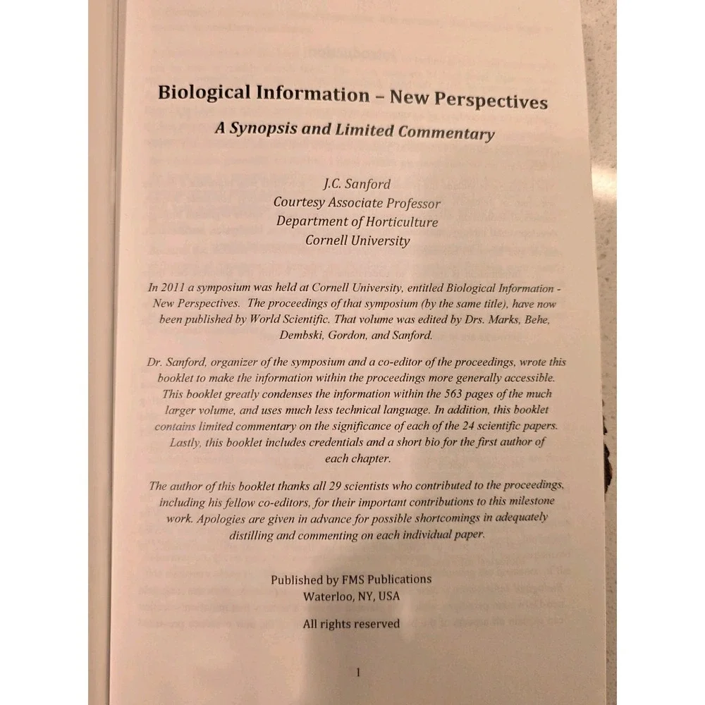 BIOLOGICAL INFORMATION: NEW PERSPECTIVES By Robert J Marks & John C Sanford